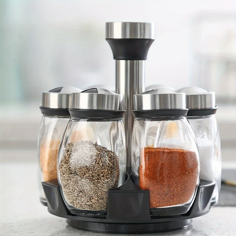 Set of 7 Glass Spice Jars with Rotating Organizer - Includes Salt, Pepper &amp; Sugar Bowls - Perfect for Kitchen Storage and Organization