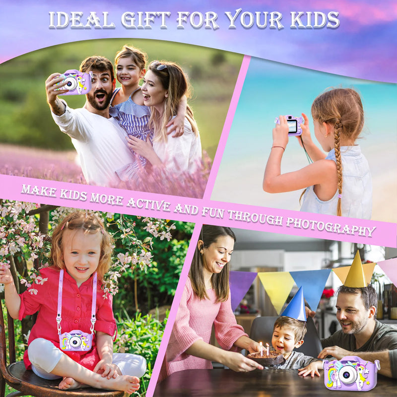 Cartoon Unicorn Mini Camera for Kids, Birthday Gifts, Toys for Girls and Boys, 1080P HD, 2" Screen, 32GB SD Card, Record Life Camera