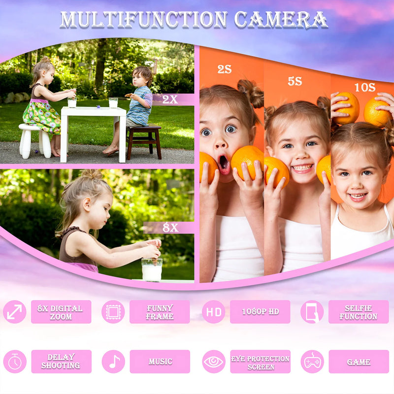 Cartoon Unicorn Mini Camera for Kids, Birthday Gifts, Toys for Girls and Boys, 1080P HD, 2" Screen, 32GB SD Card, Record Life Camera