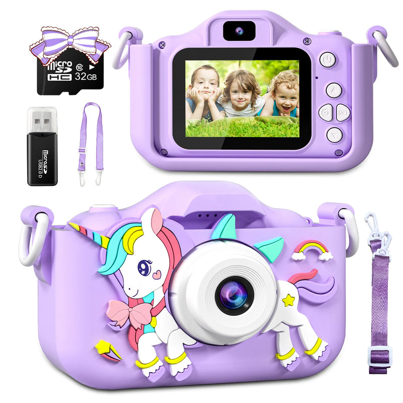 Cartoon Unicorn Mini Camera for Kids, Birthday Gifts, Toys for Girls and Boys, 1080P HD, 2" Screen, 32GB SD Card, Record Life Camera