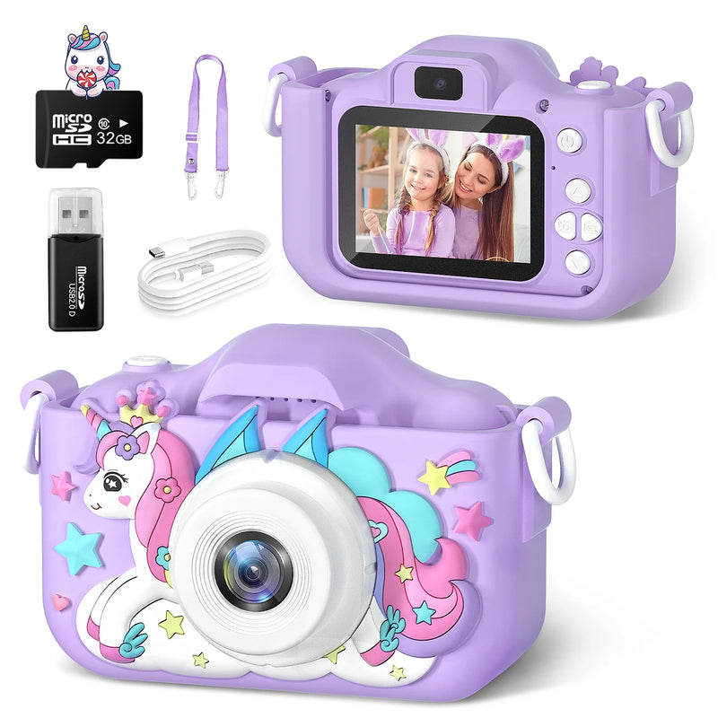 Cartoon Unicorn Mini Camera for Kids, Birthday Gifts, Toys for Girls and Boys, 1080P HD, 2" Screen, 32GB SD Card, Record Life Camera