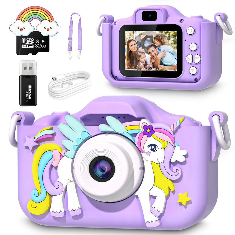 Cartoon Unicorn Mini Camera for Kids, Birthday Gifts, Toys for Girls and Boys, 1080P HD, 2" Screen, 32GB SD Card, Record Life Camera