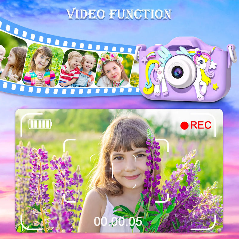 Cartoon Unicorn Mini Camera for Kids, Birthday Gifts, Toys for Girls and Boys, 1080P HD, 2" Screen, 32GB SD Card, Record Life Camera