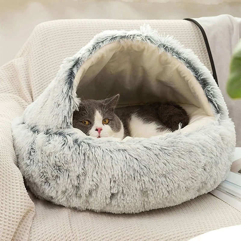 Cama de gato redonda fofa com capuz, para gatos internos ou cães pequeno